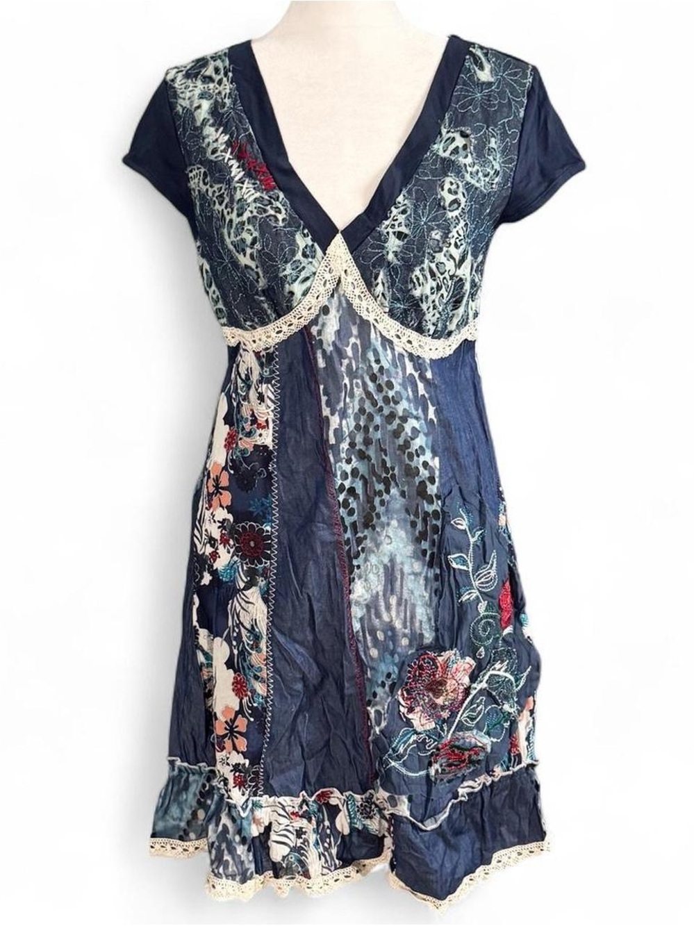 NWT Vintage Y2K Kessley Blue Patchwork Boho Mini Dress Size Small